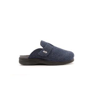 Navy Henley felt mule slipper, outer side view.