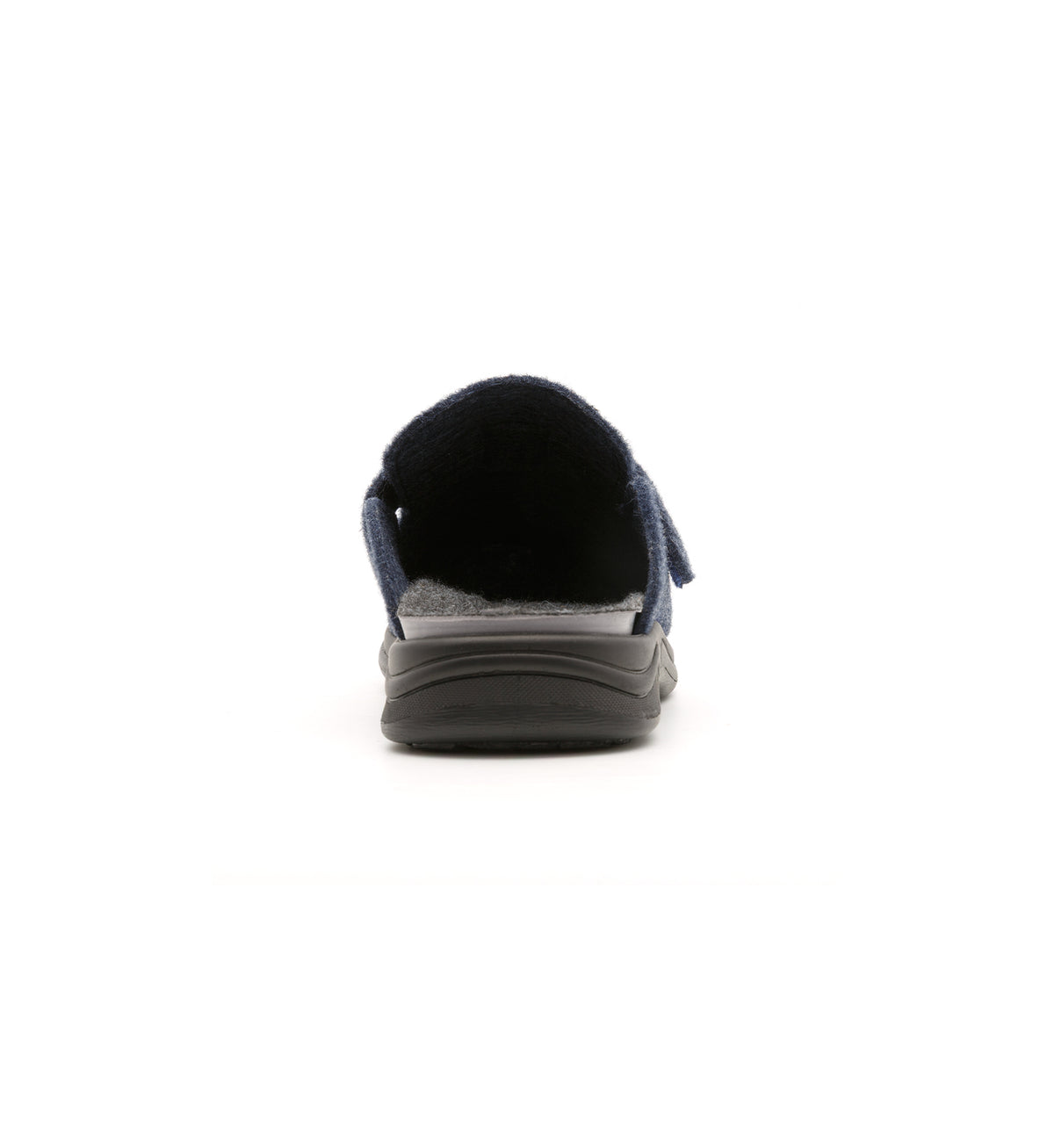 Navy Henley felt mule slipper, rear view.