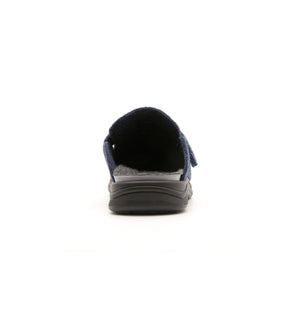 Navy Henley felt mule slipper, rear view.