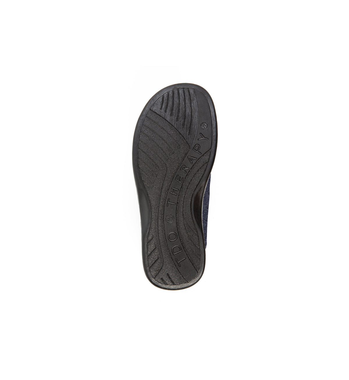 Sole of the navy Henley felt mule slipper, showing the tread.