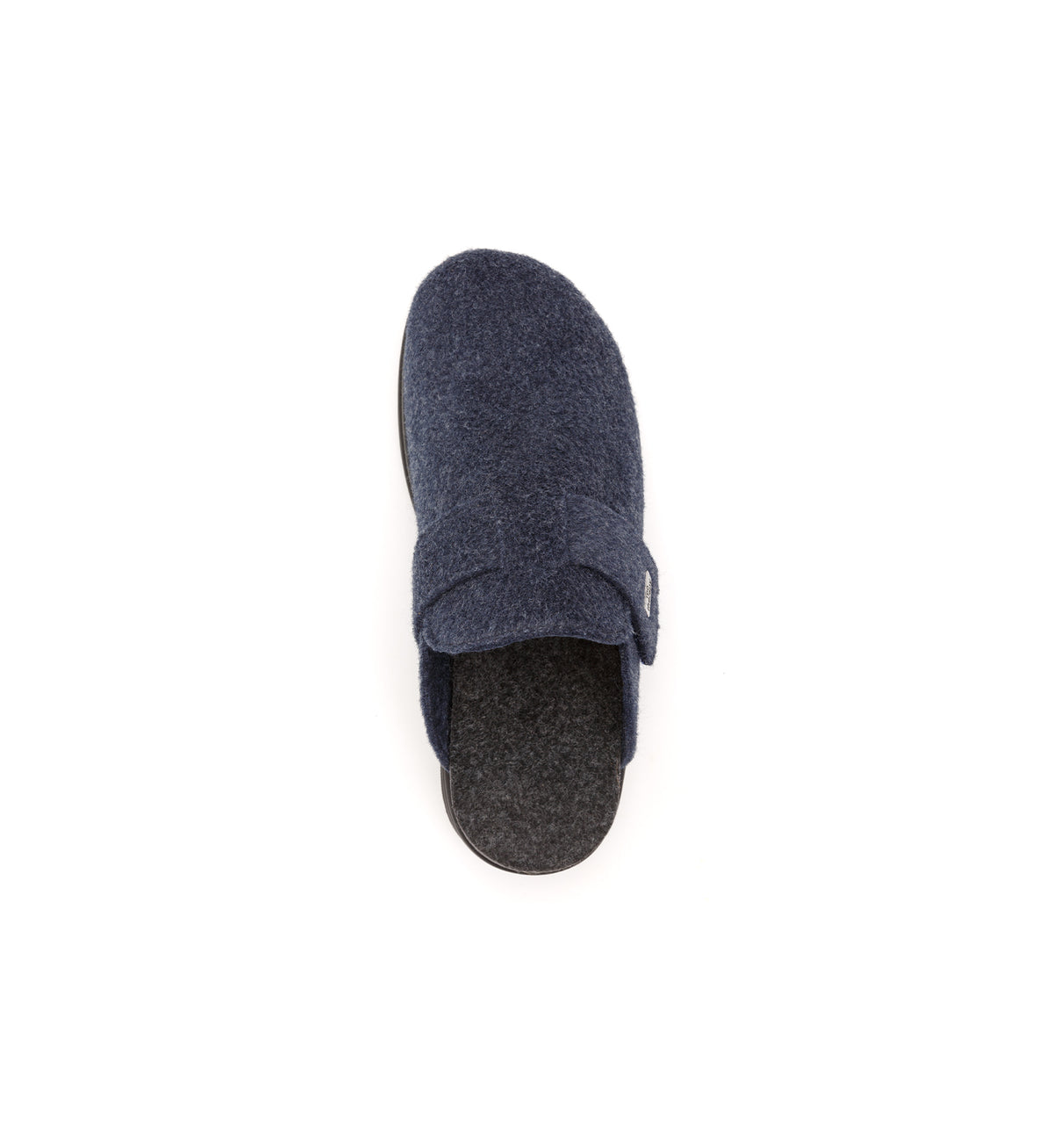 Navy Henley felt mule slipper, top view.