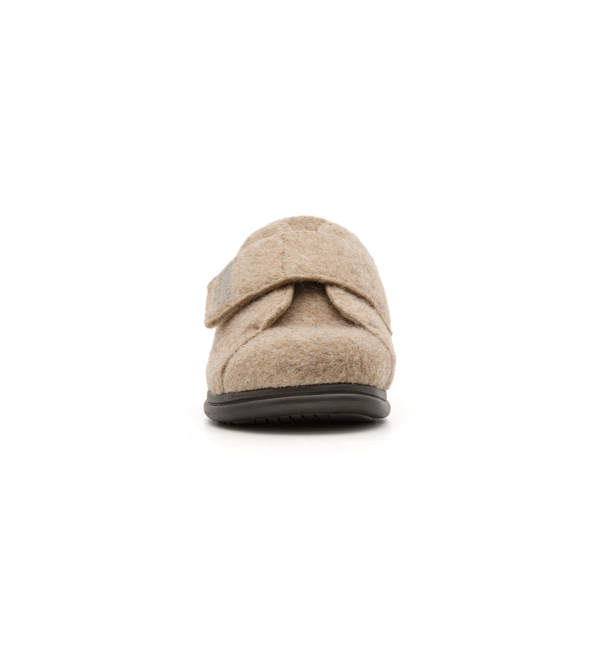 Camel Otley felt mule slipper with a broad strap, front view.