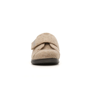 Camel Otley felt mule slipper with a broad strap, front view.