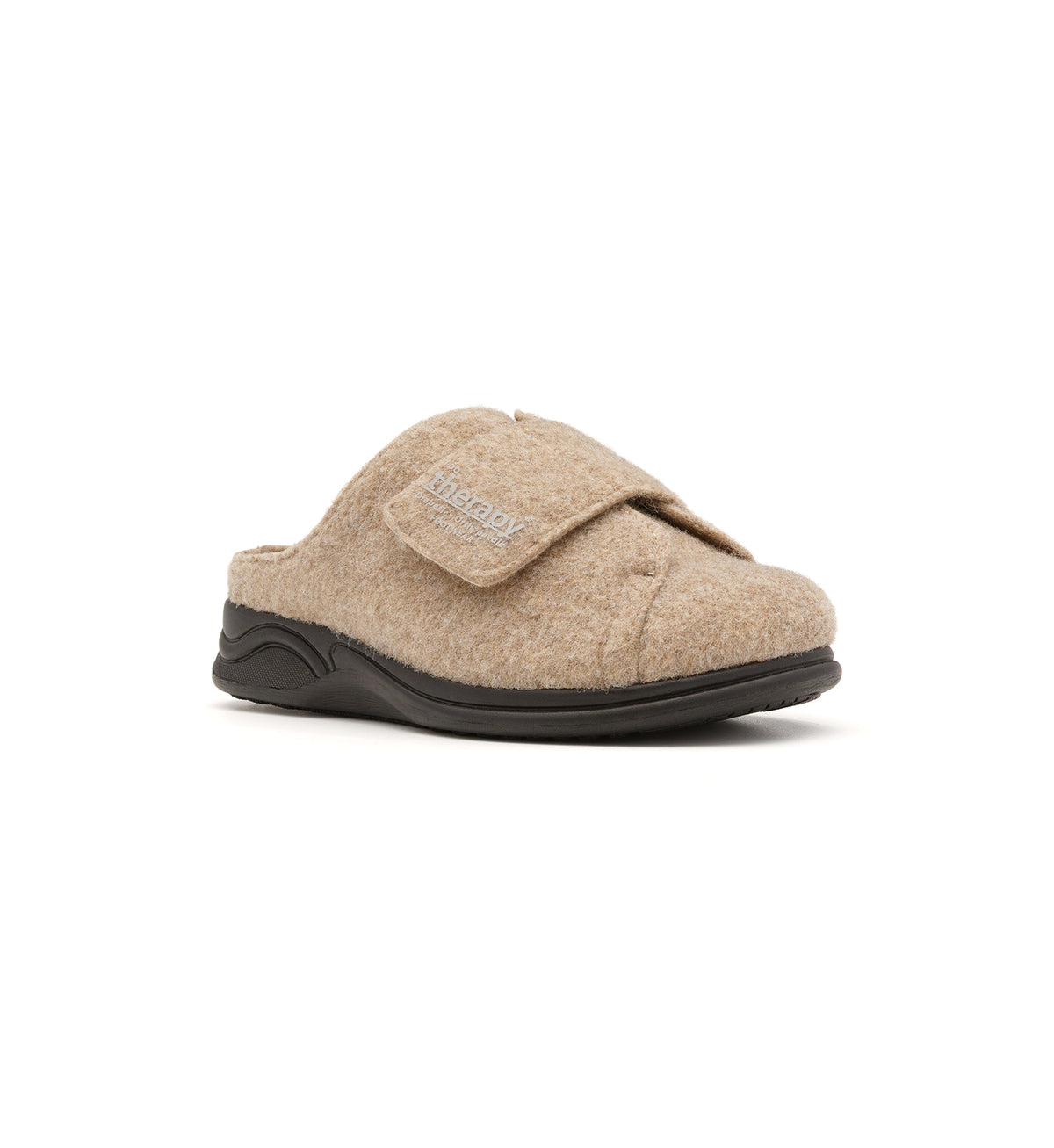 Camel Otley felt mule slipper with a broad strap, viewed from the front at an angle.