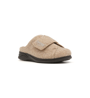 Camel Otley felt mule slipper with a broad strap, viewed from the front at an angle.