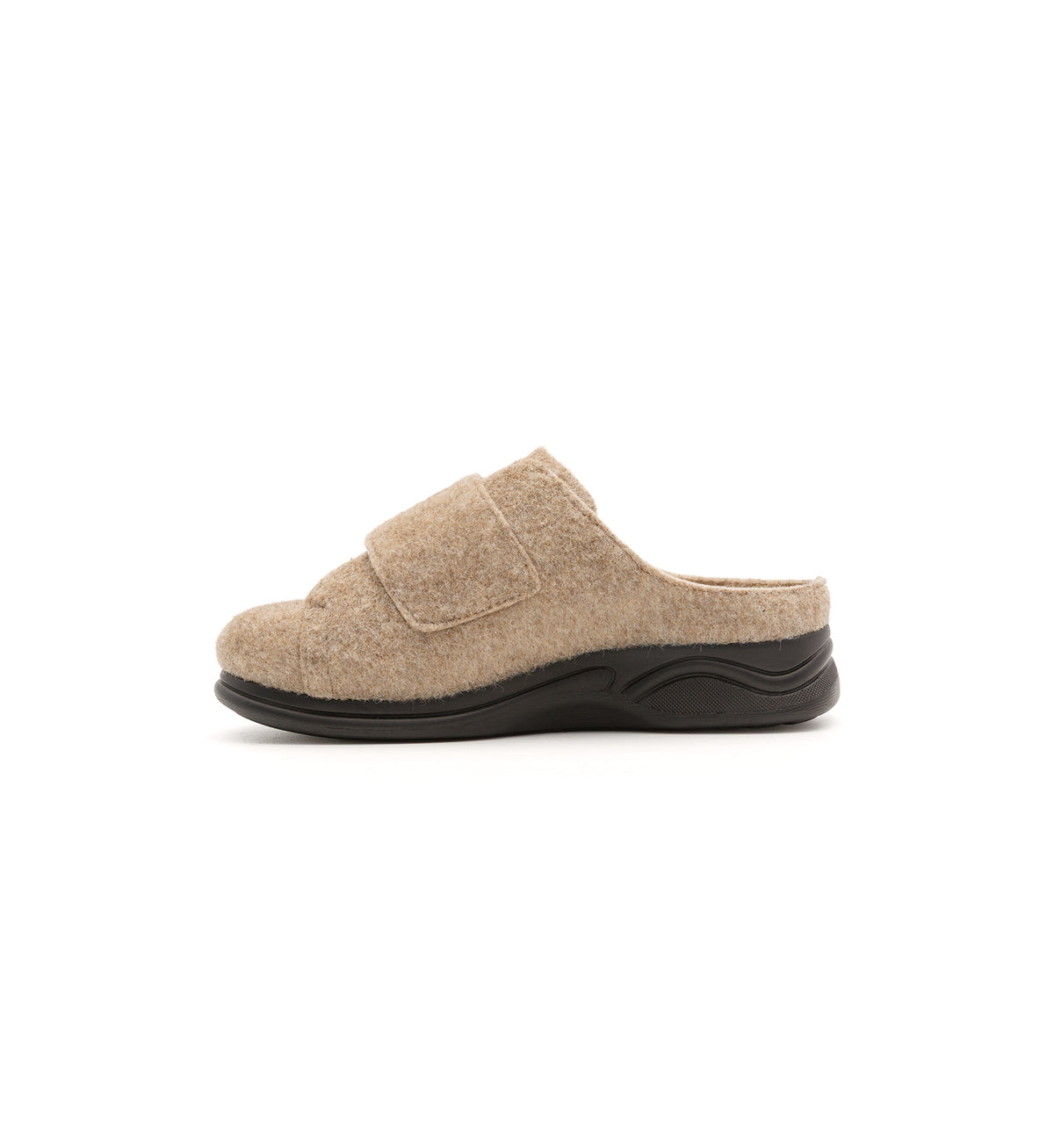 Camel Otley felt mule slipper with a broad strap, inner side view.