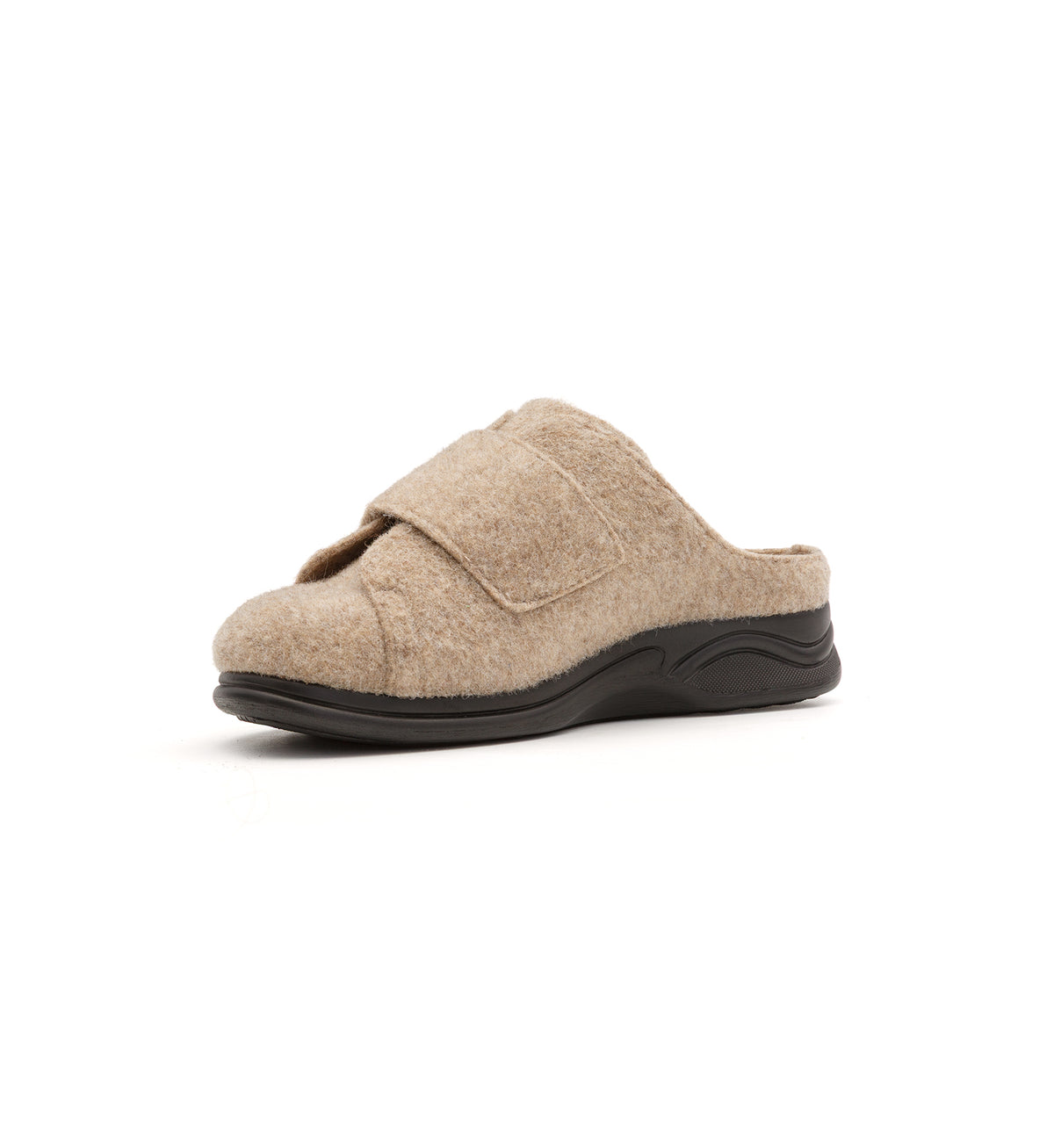 Camel Otley felt mule slipper with a broad strap, viewed from the opposite front angle.