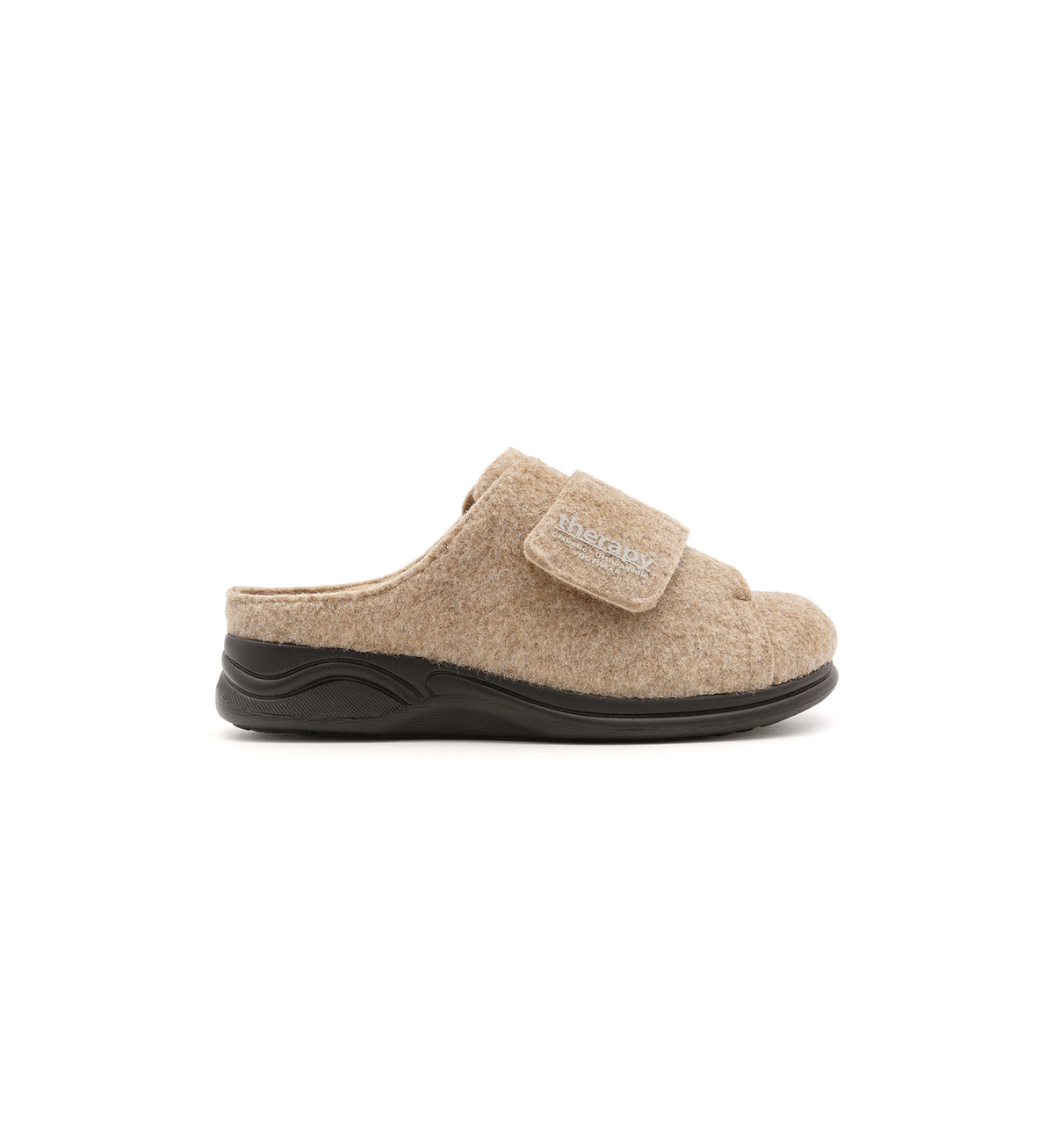 Camel Otley felt mule slipper with a broad strap, outer side view.
