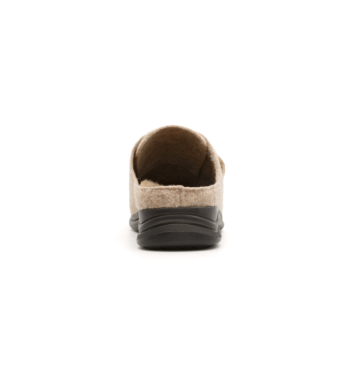 Camel Otley felt mule slipper with a broad strap, rear view.