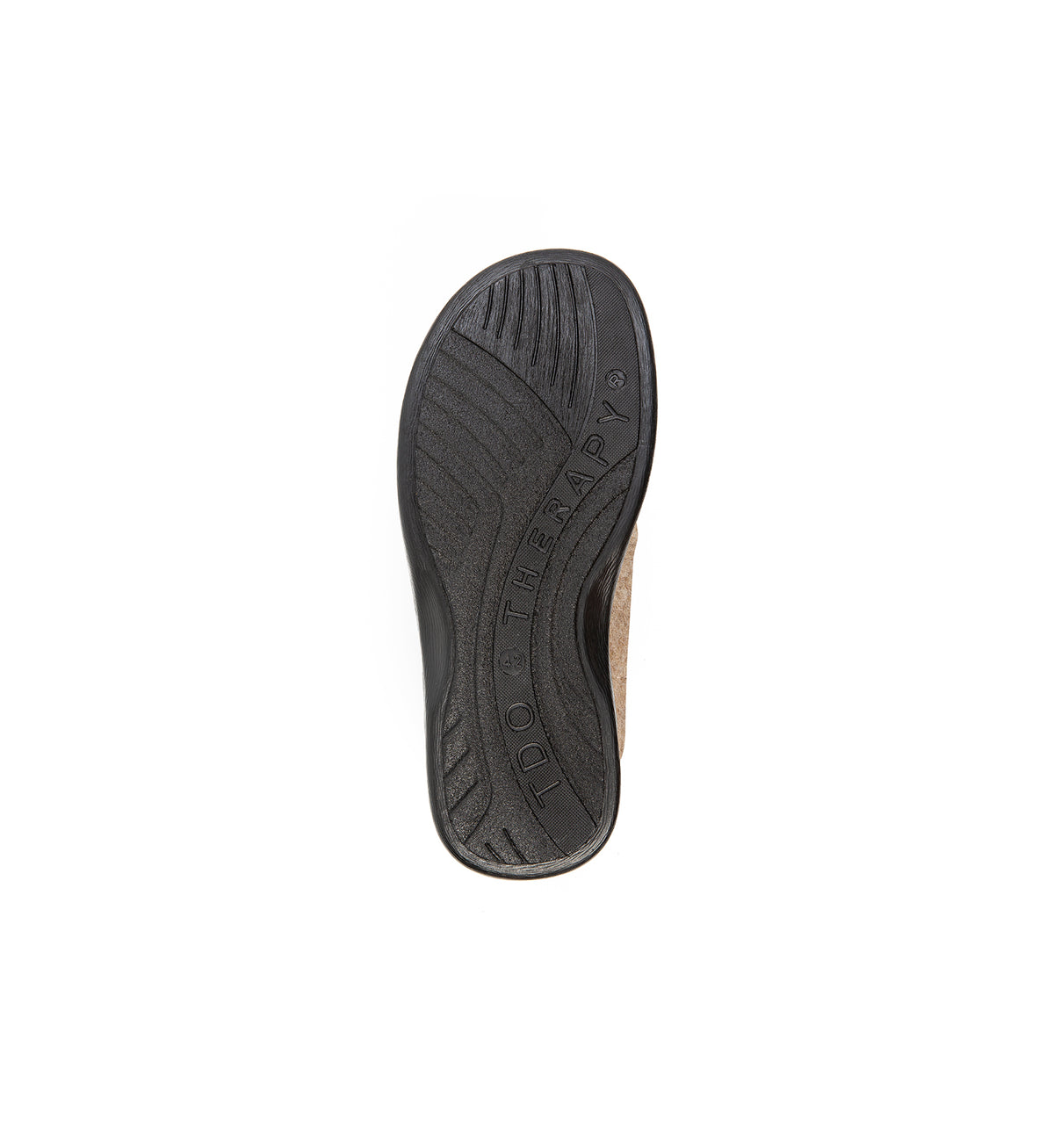 Sole of the camel Otley felt mule slipper with a broad strap, showing the tread.