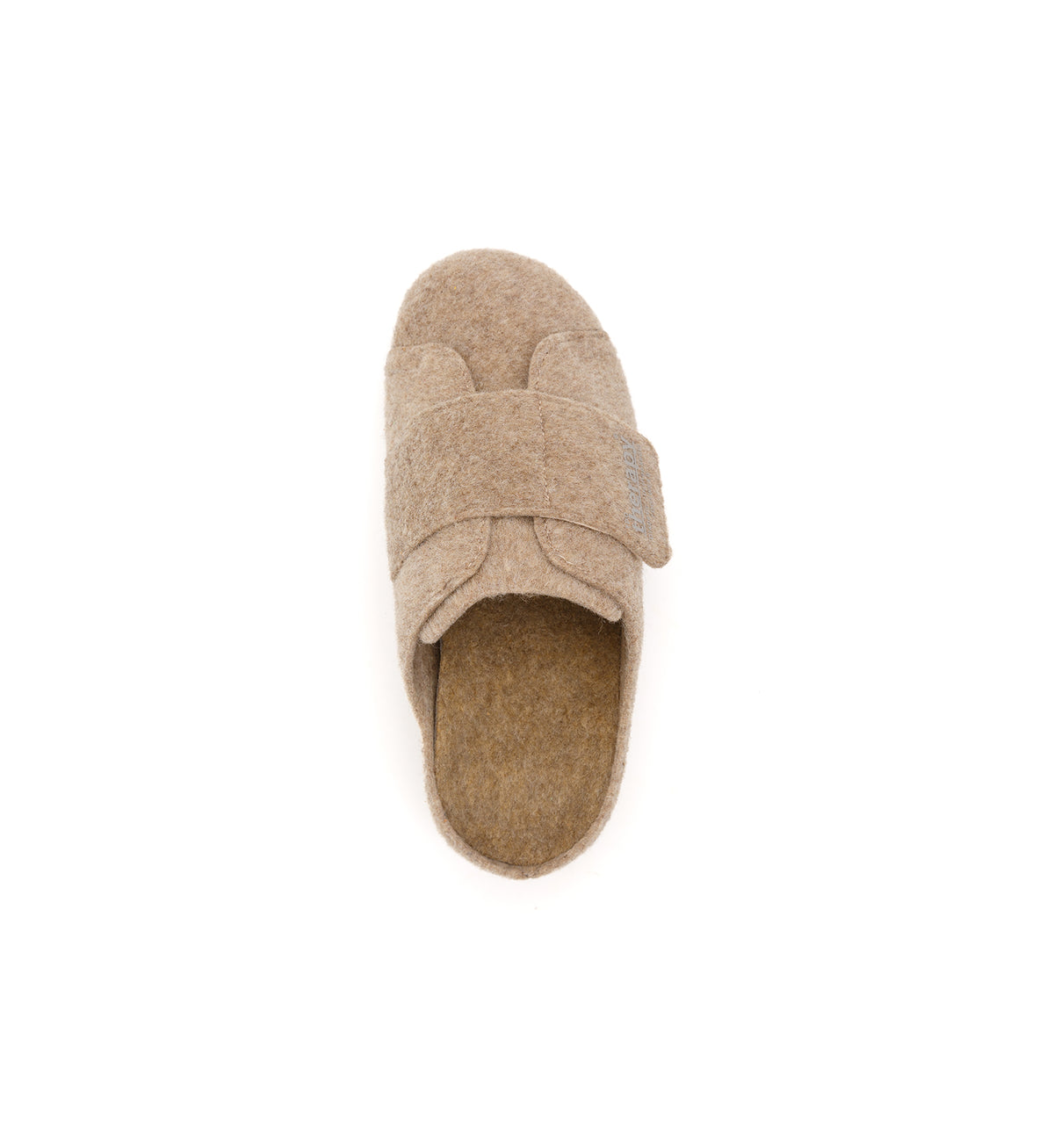 Camel Otley felt mule slipper with a broad strap, top view.