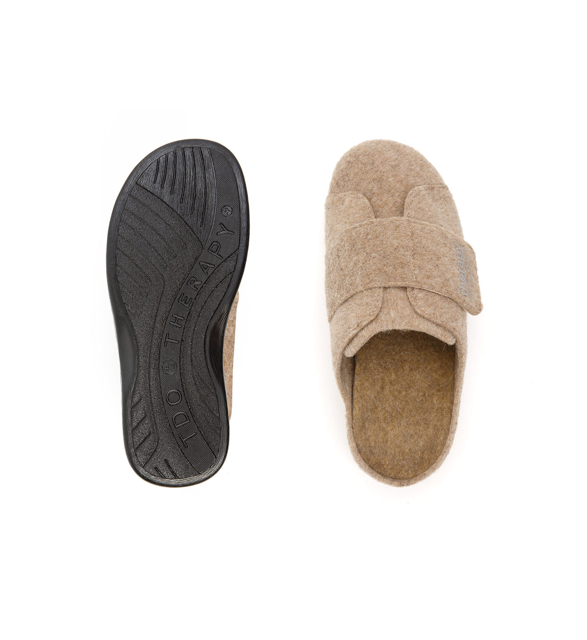 Top and sole views of the camel Otley felt mule slipper with a broad strap.