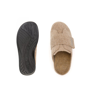 Top and sole views of the camel Otley felt mule slipper with a broad strap.
