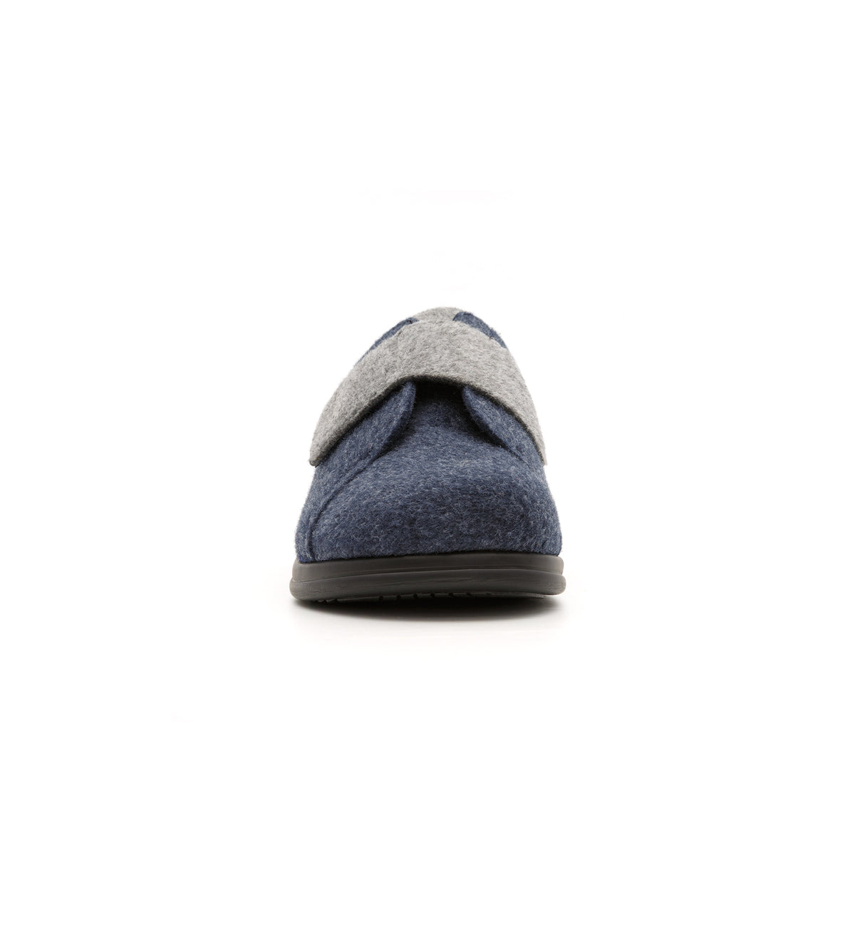 Navy and grey Otley felt mule slipper with a broad strap, front view.