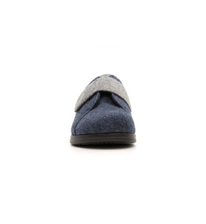 Navy and grey Otley felt mule slipper with a broad strap, front view.
