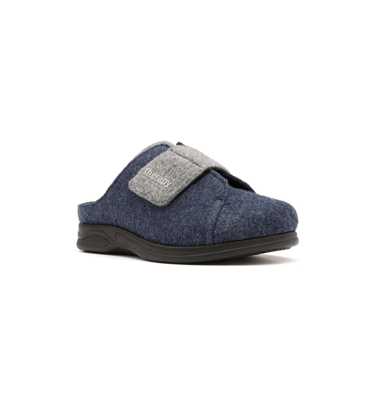 Navy and grey Otley felt mule slipper with a broad strap, viewed from the front at an angle.