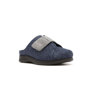 Navy and grey Otley felt mule slipper with a broad strap, viewed from the front at an angle.