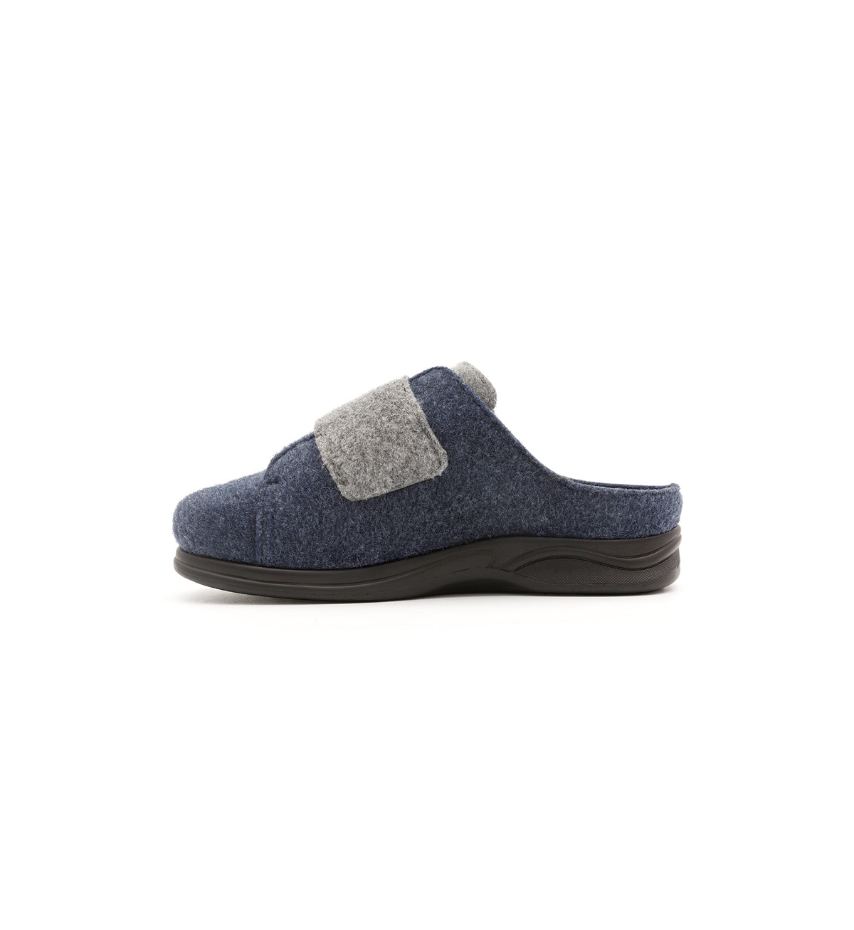 Navy and grey Otley felt mule slipper with a broad strap, inner side view.