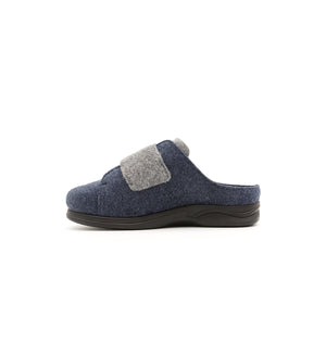 Navy and grey Otley felt mule slipper with a broad strap, inner side view.