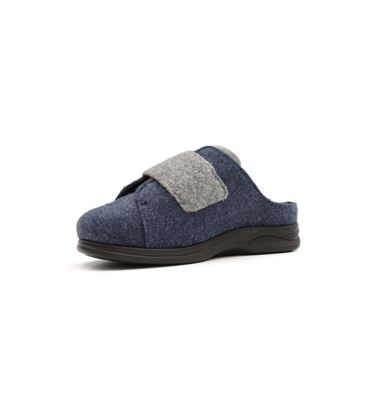 Navy and grey Otley felt mule slipper with a broad strap, viewed from the opposite front angle.
