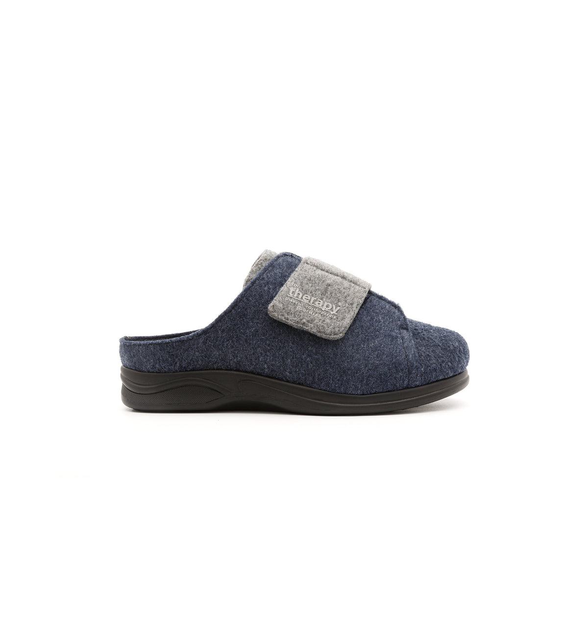 Navy and grey Otley felt mule slipper with a broad strap, outer side view.
