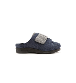 Navy and grey Otley felt mule slipper with a broad strap, outer side view.
