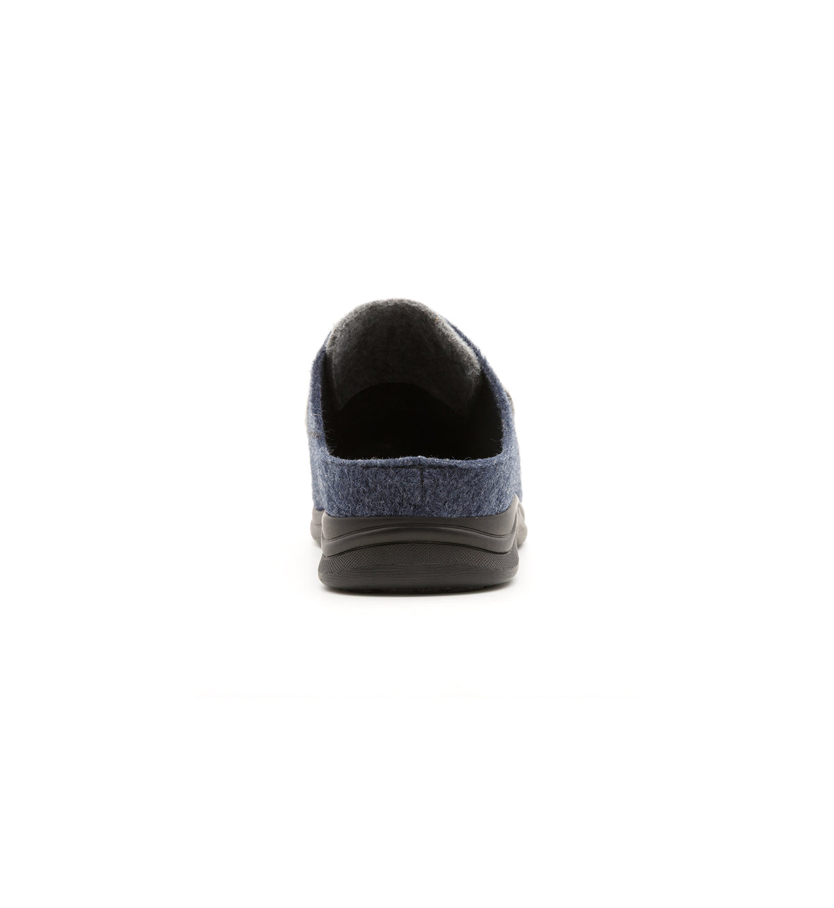 Navy and grey Otley felt mule slipper with a broad strap, rear view.