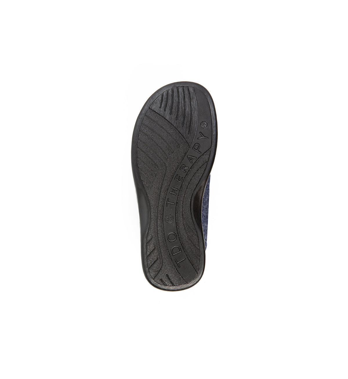 Sole of the navy and grey Otley felt mule slipper with a broad strap, showing the tread.