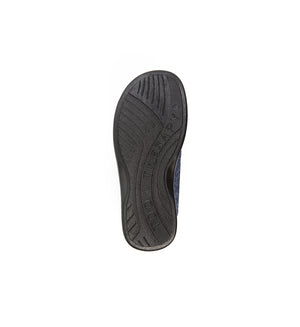 Sole of the navy and grey Otley felt mule slipper with a broad strap, showing the tread.