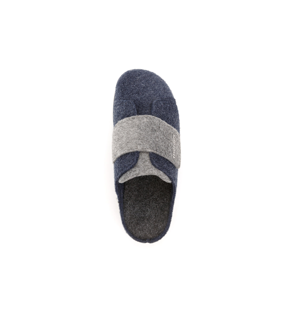 Navy and grey Otley felt mule slipper with a broad strap, top view.