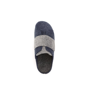 Navy and grey Otley felt mule slipper with a broad strap, top view.