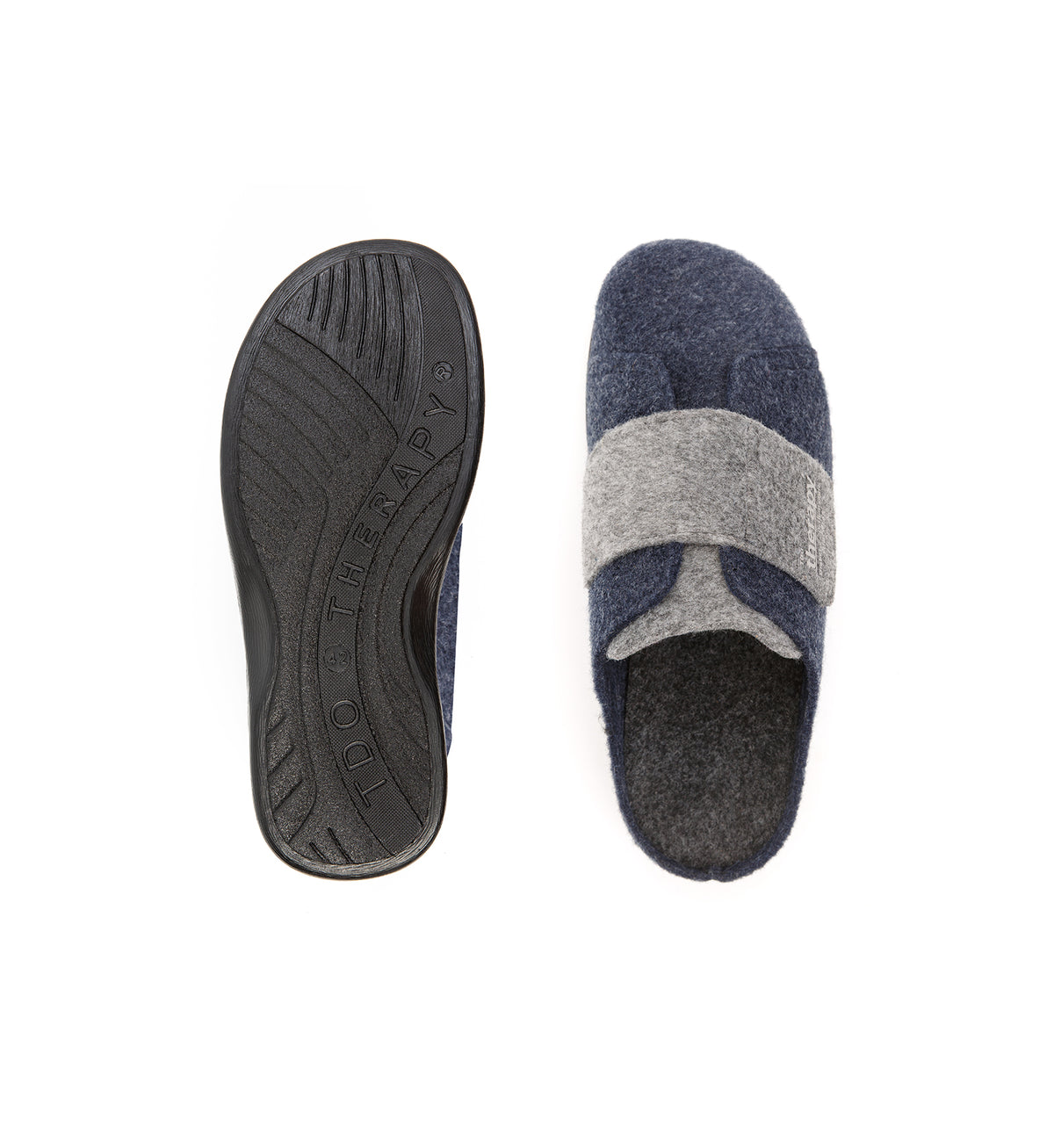 Top and sole views of the navy and grey Otley felt mule slipper with a broad strap.