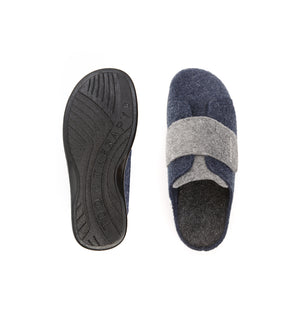 Top and sole views of the navy and grey Otley felt mule slipper with a broad strap.