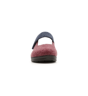 Burgundy and navy Amberley felt mule slipper with a broad strap, front view.