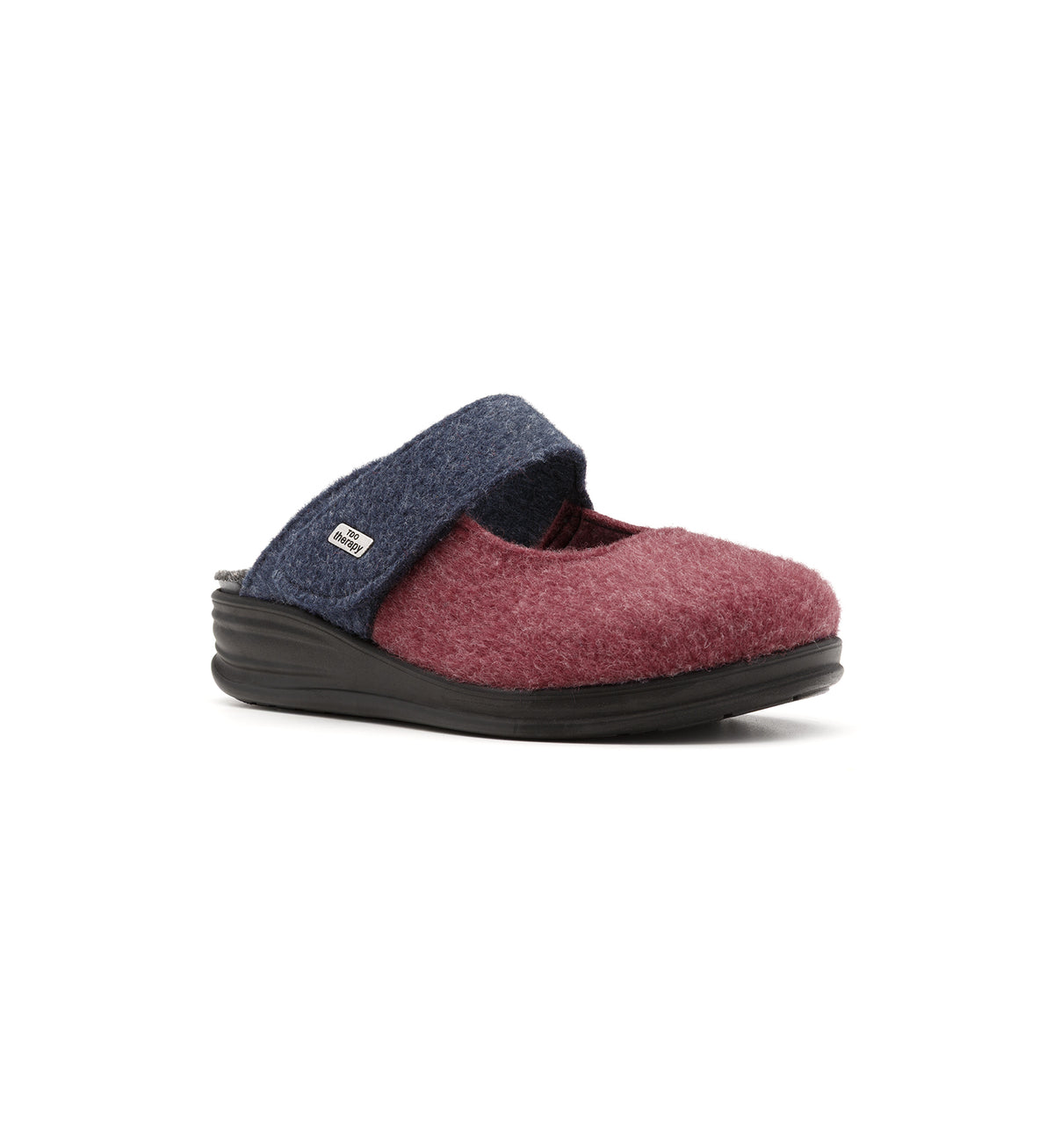 Burgundy and navy Amberley felt mule slipper with a broad strap, viewed from the front at an angle.