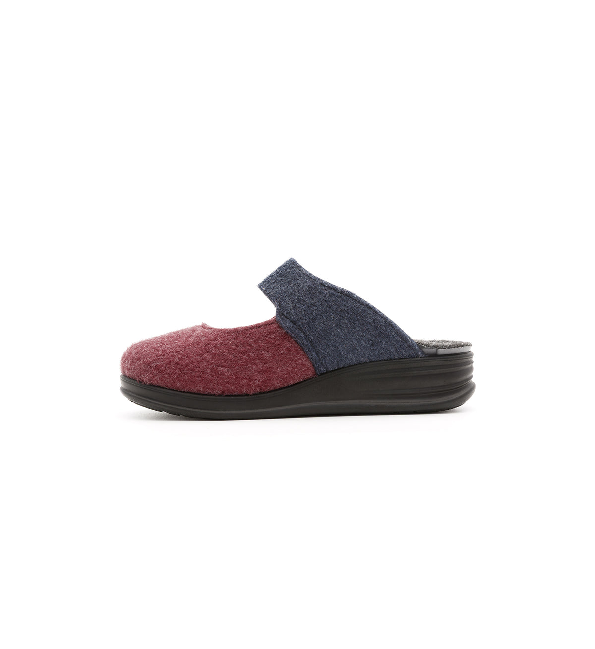 Burgundy and navy Amberley felt mule slipper with a broad strap, inner side view.