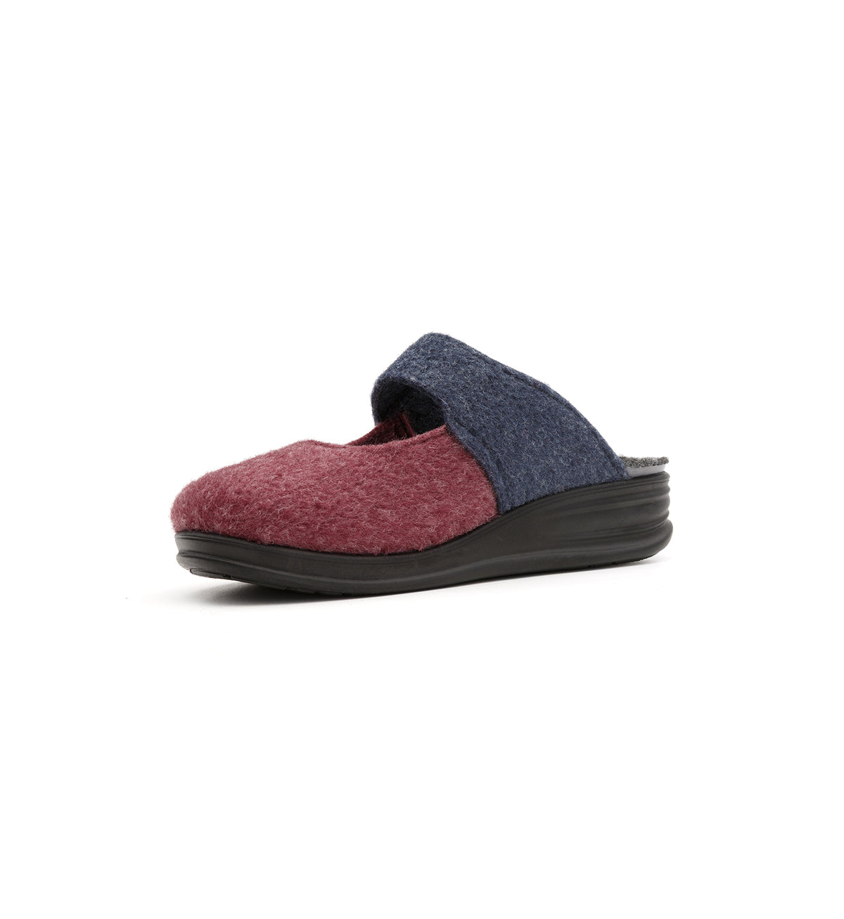 Burgundy and navy Amberley felt mule slipper with a broad strap, viewed from the opposite front angle.