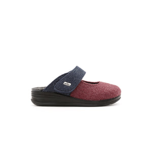 Burgundy and navy Amberley felt mule slipper with a broad strap, outer side view.