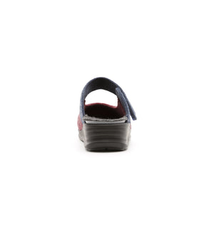 Burgundy and navy Amberley felt mule slipper with a broad strap, rear view.