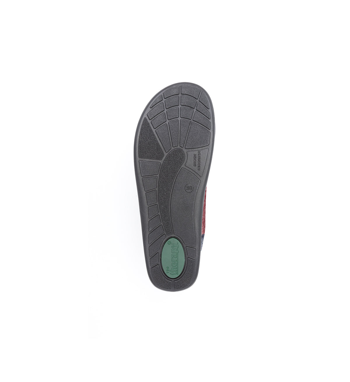 Sole of the burgundy and navy Amberley felt mule slipper with a broad strap, showing the tread.