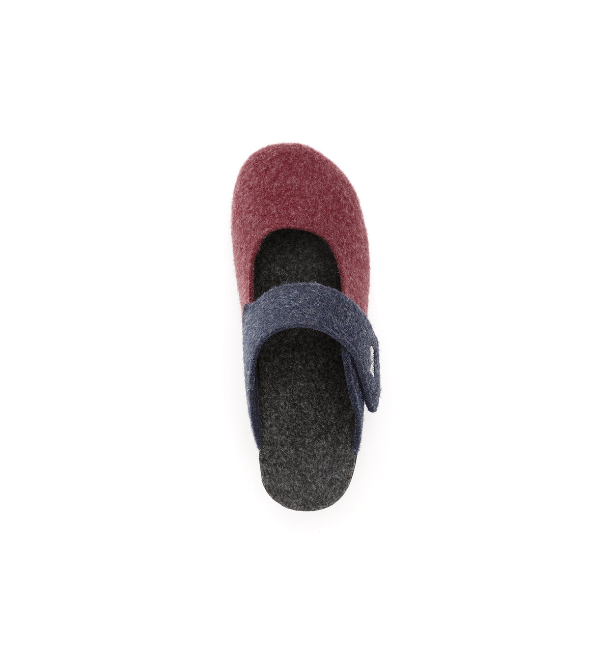 Burgundy and navy Amberley felt mule slipper with a broad strap, top view.
