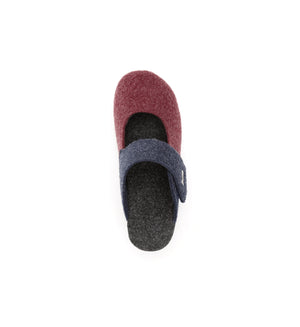 Burgundy and navy Amberley felt mule slipper with a broad strap, top view.