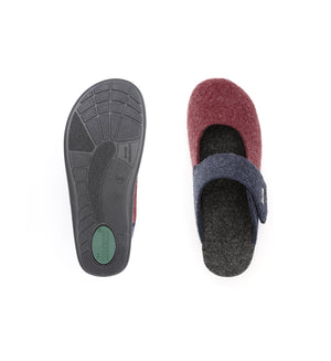 Top and sole views of the burgundy and navy Amberley felt mule slipper with a broad strap.