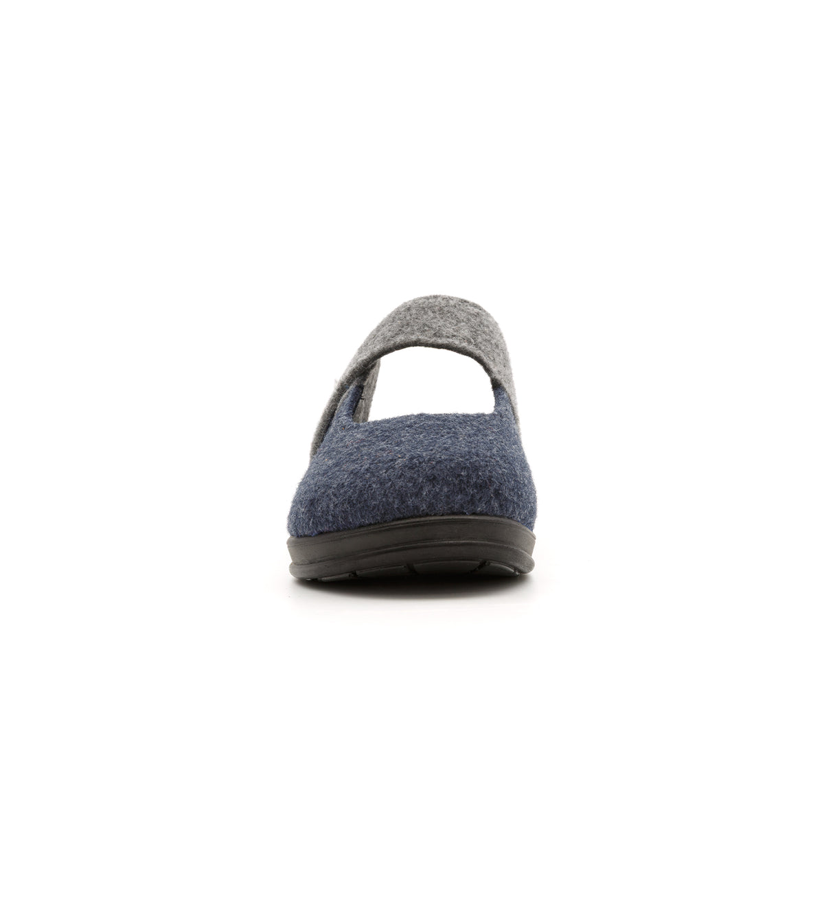 Navy and grey Amberley felt mule slipper with a broad strap, front view.