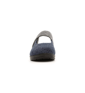 Navy and grey Amberley felt mule slipper with a broad strap, front view.