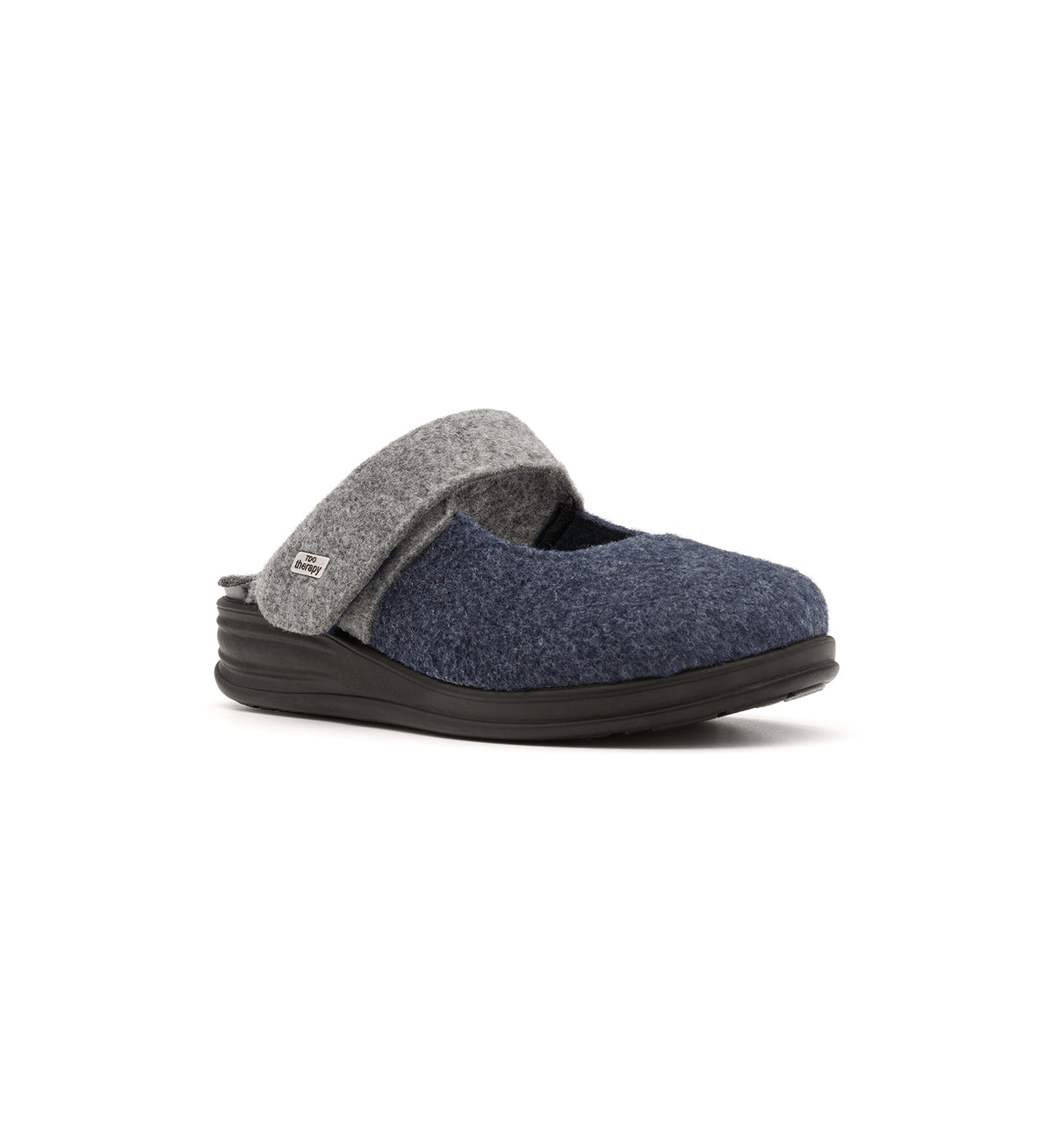 Navy and grey Amberley felt mule slipper with a broad strap, viewed from the front at an angle.