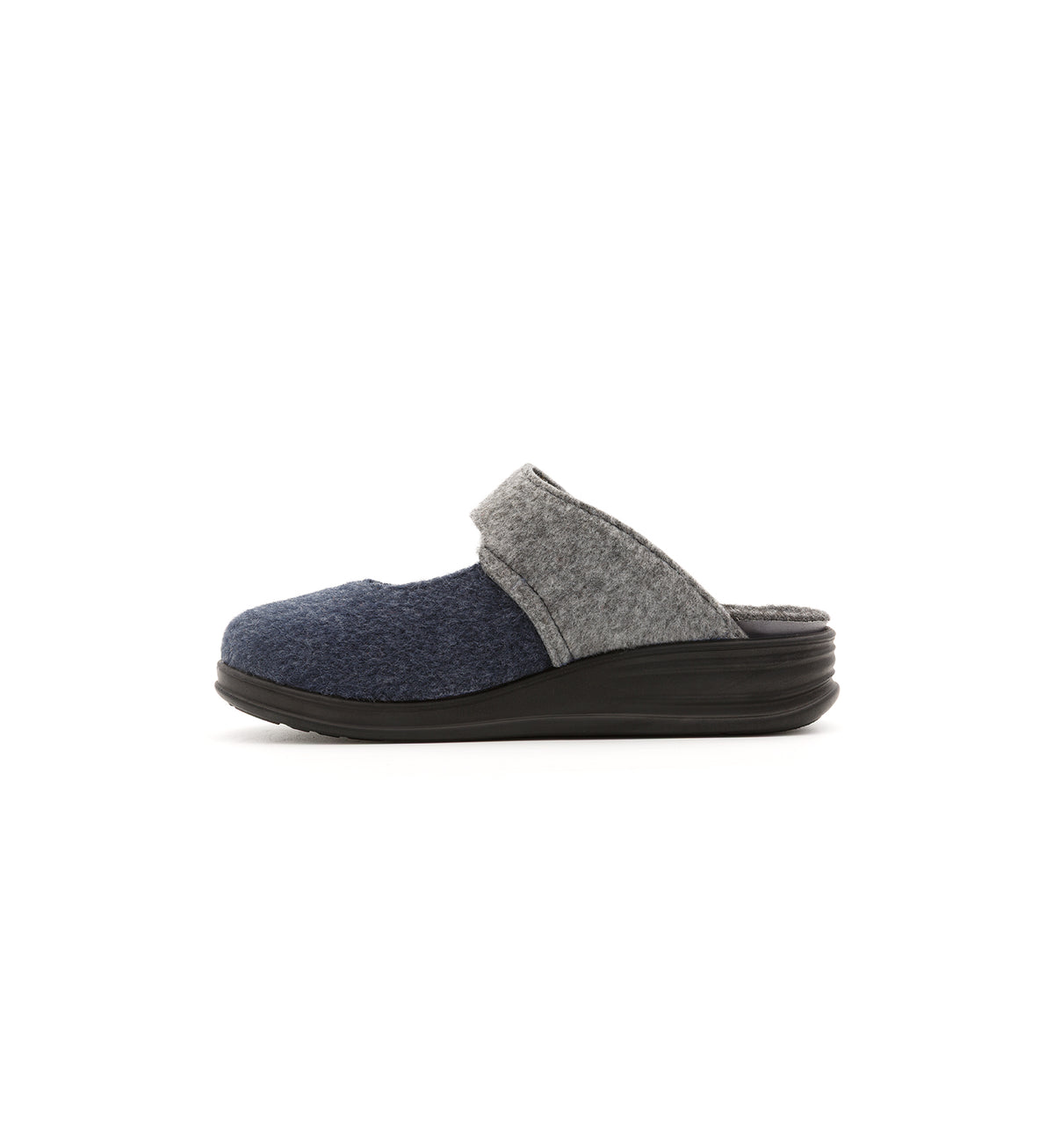 Navy and grey Amberley felt mule slipper with a broad strap, inner side view.