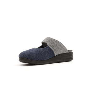 Navy and grey Amberley felt mule slipper with a broad strap, viewed from the opposite front angle.