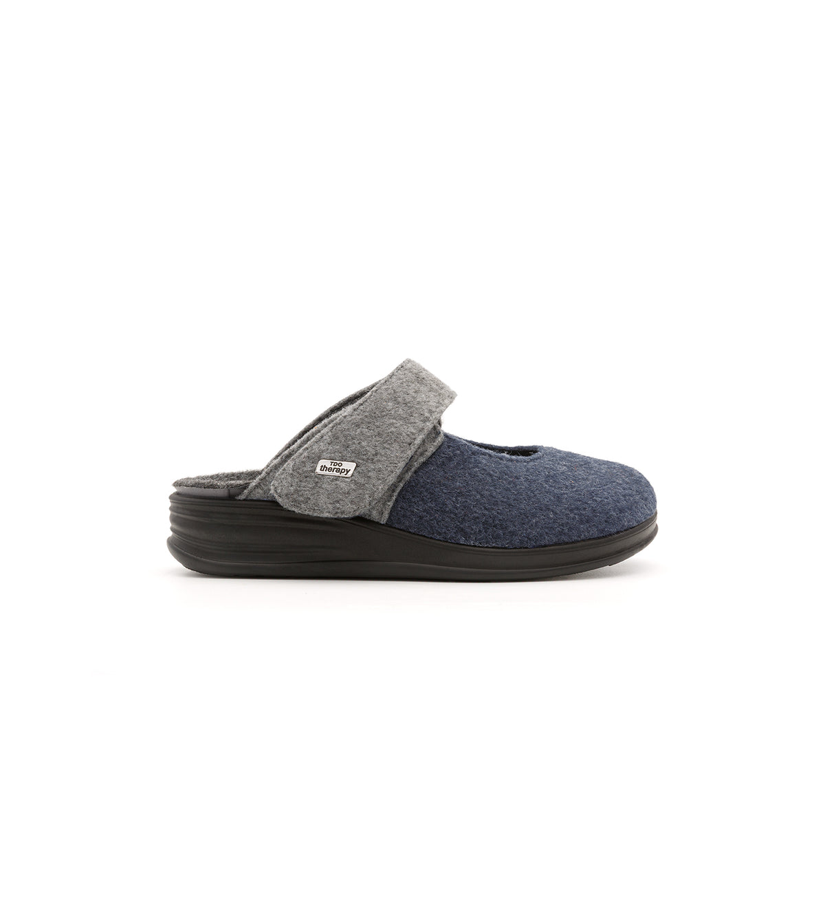 Navy and grey Amberley felt mule slipper with a broad strap, outer side view.