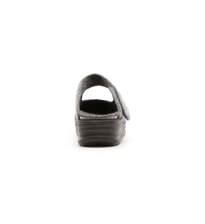 Navy and grey Amberley felt mule slipper with a broad strap, rear view.